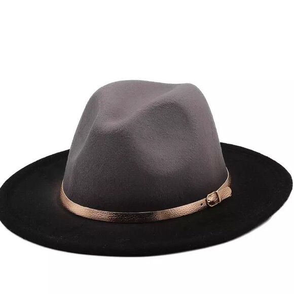 Black Gray Teardrop Crown Wide Brim Metallic Buckle Burned Fedora Hat NEW - Picture 1 of 3